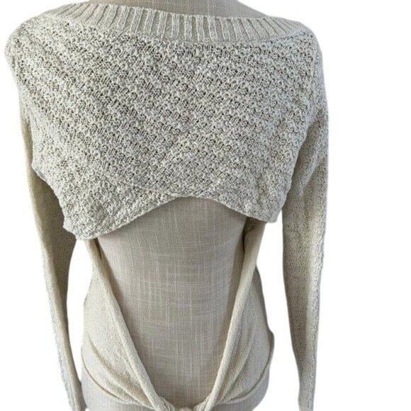 Free People Waffle Knit XS Sweater With Open Back - Beige Long Sleeves Ribbed He - Picture 3 of 4